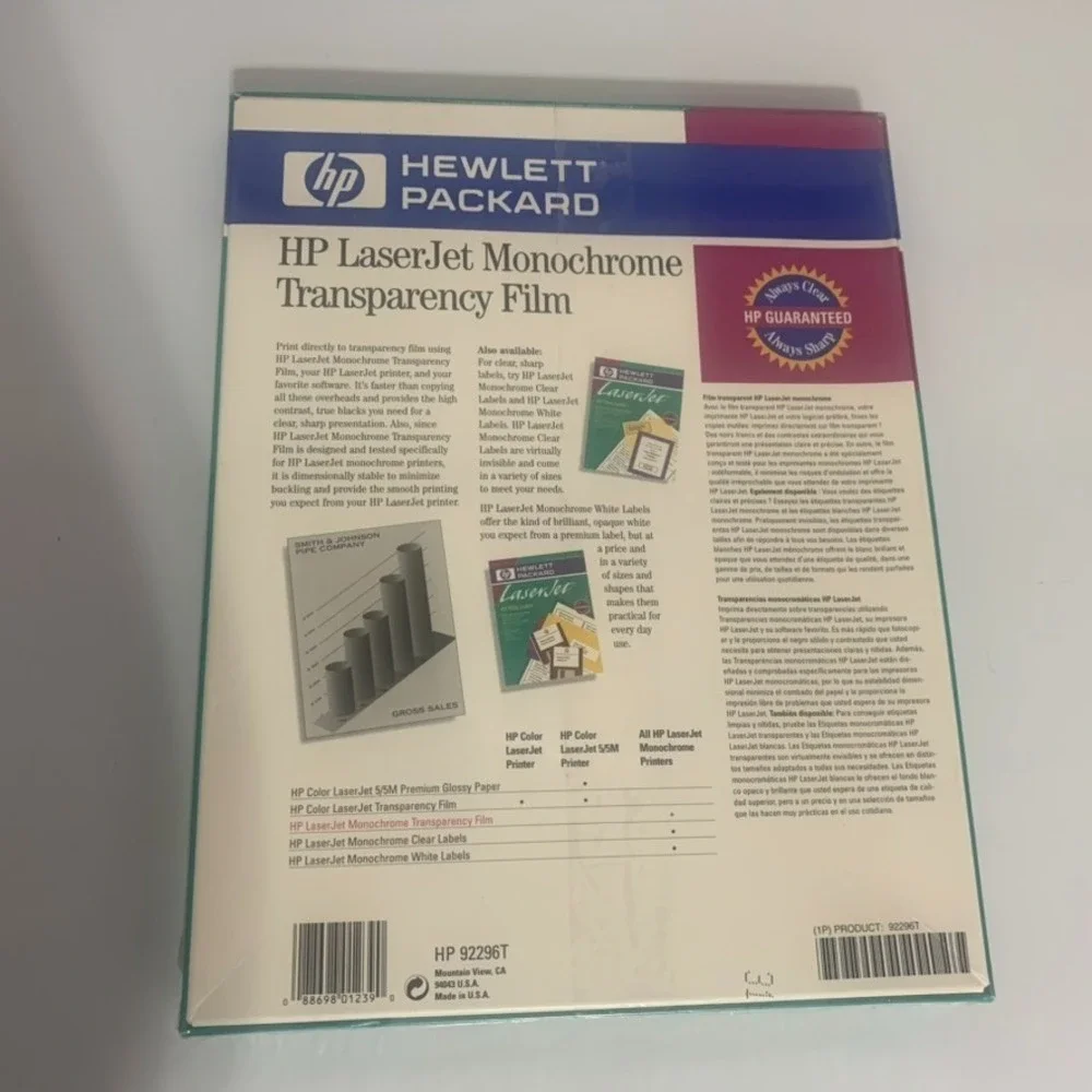 HP‎ LaserJet Monochrome Transparency Film 50 Sheets 8.5x11 92296T New